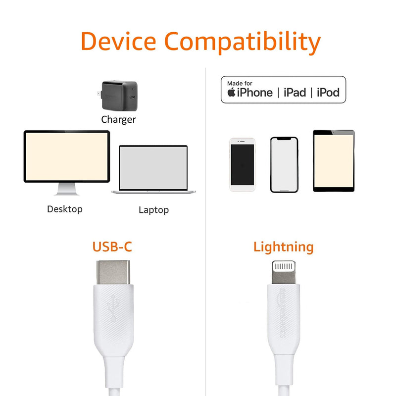 Amazon Basics USB-C to Lightning Charger Cable, Apple MFi Certified for iPhone 14 13 12 11 X Xs Pro, Pro Max, Plus, iPad, Fast Charging, High Speed Data Sync, 6 ft, White (Pack of 2) Blanco 6 ft (Pack of 2)