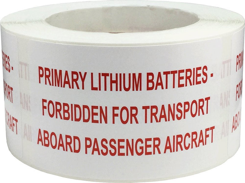 Primary Lithium Batteries Forbidden for Transport Aboard Passenger Aircraft Labels, 2.5 x 4 Inch Adhesive Shipping Stickers, 500 Battery Warning Labels Per Roll – Made in the USA