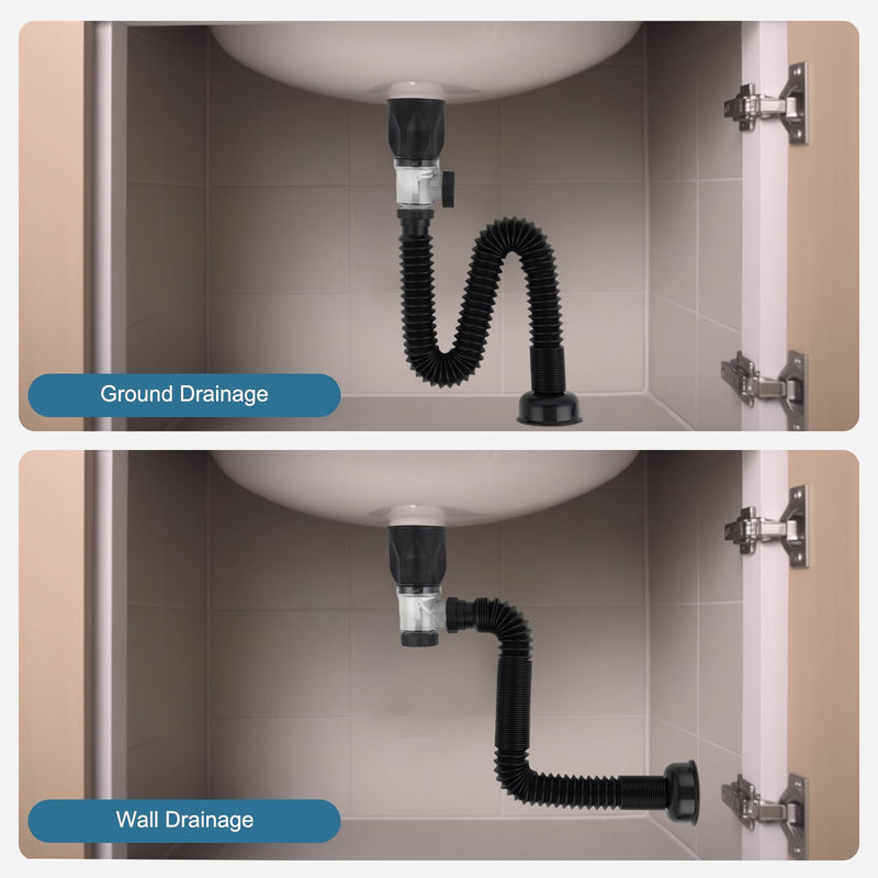 iFealClear Bathroom Sink Drain Kit, Flexible P-Trap Drain Pipe with Pop Up Stopper, Expandable Bathroom Sink Pipe Replacement with 2 Adapters, Fits 1-1/4'', 1-1/2'', 2" Holes, Hair Catcher, Black Matte Black Modern