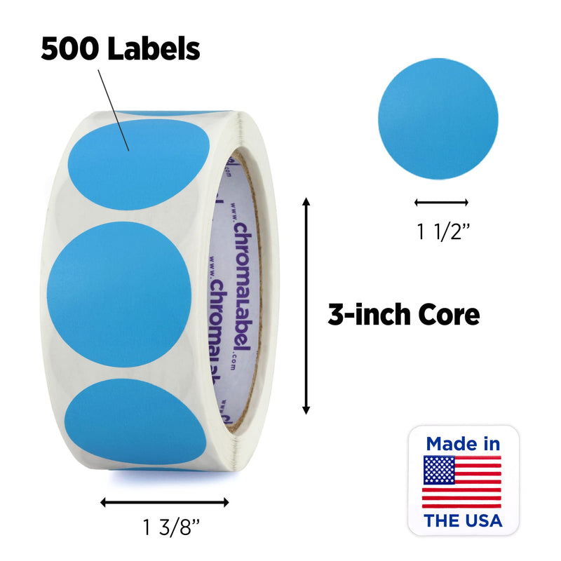 ChromaLabel 1.50 Inch Round Label Removable Color Code Dot Stickers, Inventory Label, 500 Labels per Roll, Light Blue