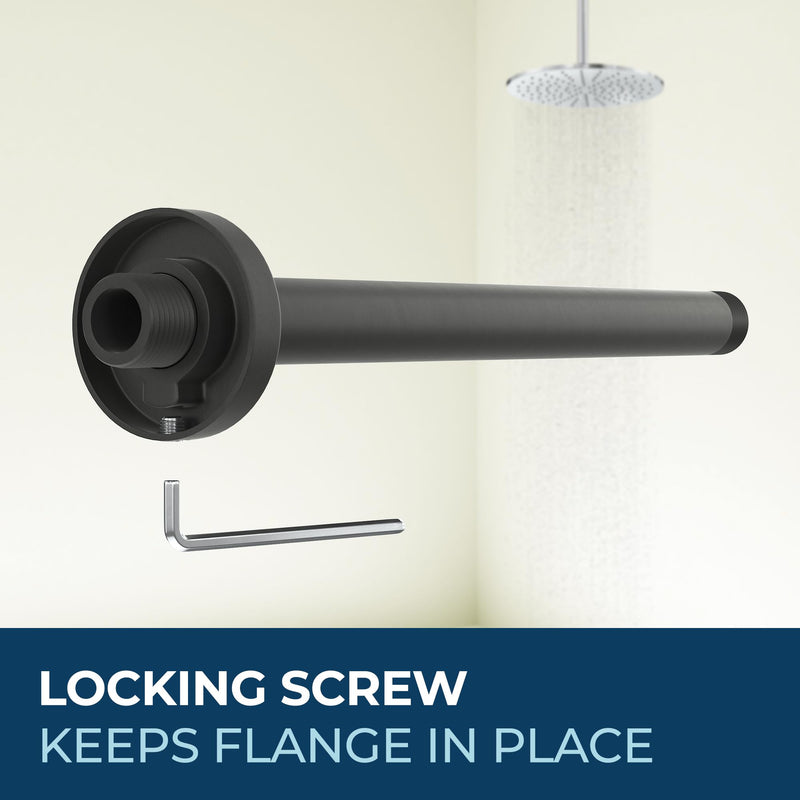 HammerHead Showers Solid Metal 12 Inch Ceiling Mount Shower Arm and Flange with Set Screw, Extra Long Straight Shower Arm for Rain Shower Head, Ceiling-Mounted Rain Shower Arm, Matte Black