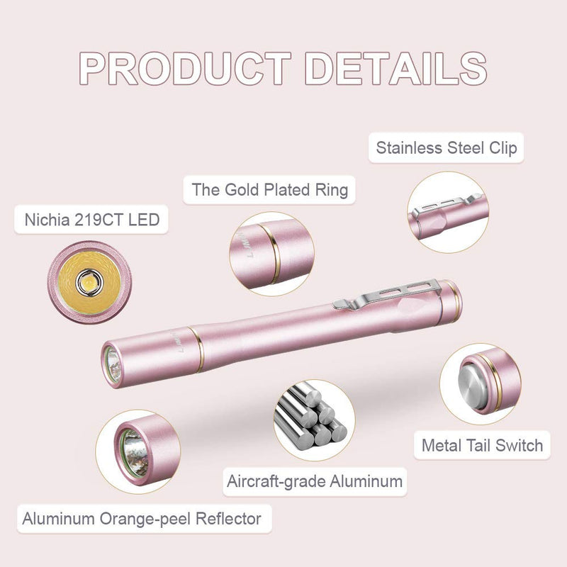 LUMINTOP IYP365 LED Penlight, Super Bright High Color Rendering Nichia LED Aluminum Alloy Pen Light for Diagnostic, IPX-8 Waterproof, 3 Modes, Powered By 2AAA Battery Pink