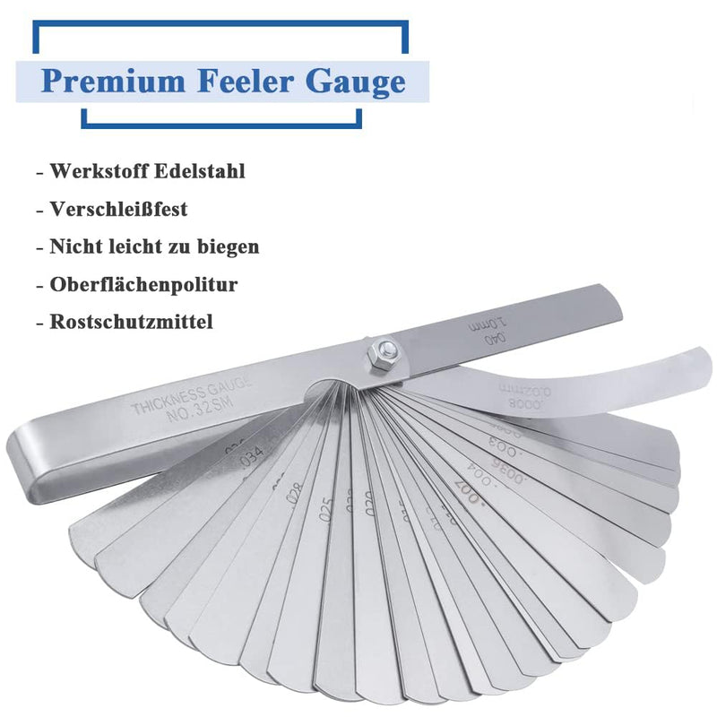 Mesee 32 Blade Stainless Steel Feeler Gauge Set, Feeler Gauge Measuring Tool, 0.02-1.0mm Double Marked Metric and Imperial Measuring Tool, for Measuring Gap Width Distance Gauge