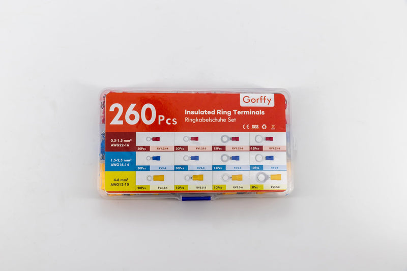 Gorffy ring cable lugs, 260 pieces cable lugs set, 0.5-6mm² ring eyelets cable lugs, Ø M4/M5/M6/M8 ring cable lugs set, cable lugs crimp connector assortment R260