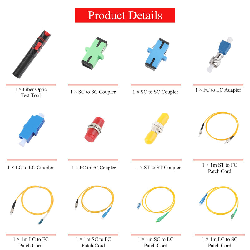 Fibre Optic Tester 15 MW 15 KM Visual Fault Locator with FC Plug to LC Female Fibre Optic Tester Adapter, Fibre Optic Coupling and 5x SC/APC ST/UPC FC SC LC Fibre Optic Cable 15KM Set