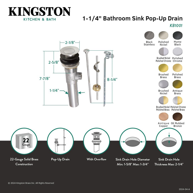 Kingston Brass KB100AC Brass Pop-Up Drain with Overflow, 22 Gauge, Antique Copper