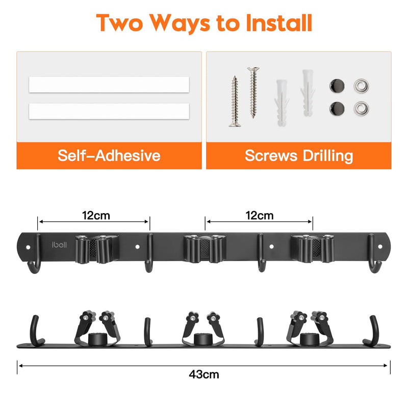 Broom holder wall, IBELL device holder wall mount stainless steel with 3 holders and 4 hooks, garden tool holder, broom holder, mop holder, self-adhesive tool holder, wall hook without drilling for garden, garage, 1 piece, 3 holders, 4 hooks (43 cm)