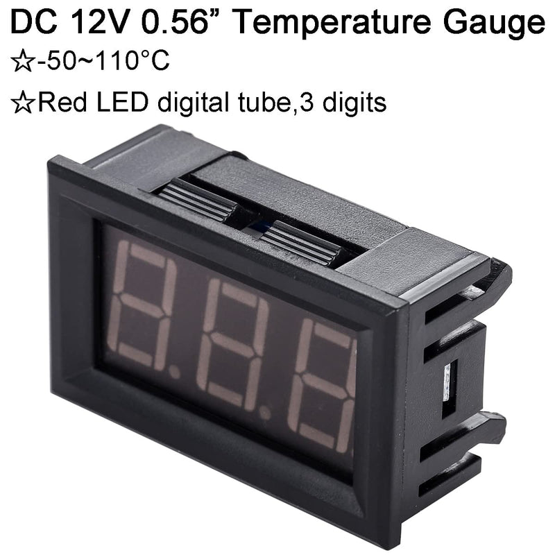 Greluma 2 Pcs 0.56" LED Display Digital Thermometer, DC 12V -50~110°C Temperature Display with Waterproof NTC Probe, Red LED Temperature Display