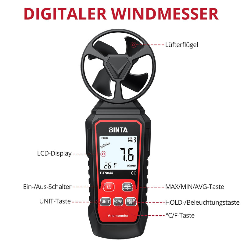 BINTA Digital Anemometer Windmesser digitales Windgeschwindigkeitsmessgerät | Windmessgerät mit Windgeschwindigkeit/Windkühlung, ℃/℉, Max/Min/Durchschnitt/Echtzeitmessung mit Hintergrundbeleuchtung
