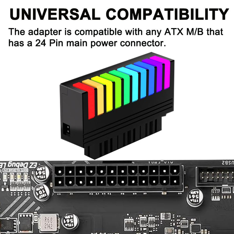 ATX 24 Pin 90 Degree Adapter, 5V 3PIN ARGB RGB 24Pin Right Angle ATX Female to Male Power Supply Adapter for 24PIN Motherboard (Black)