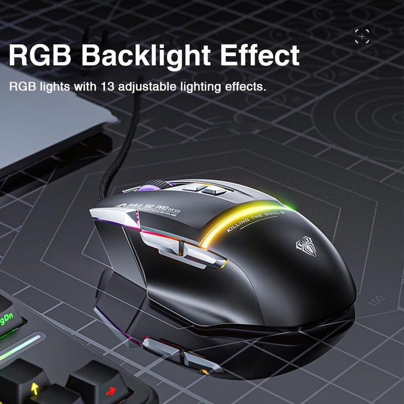 AULA S12Pro White Wired Gaming Mouse,12800 DPI Optical Gamer Mouse with RGB Backlit,8 Programmable Buttons,Software Supports DIY Keybinds Rapid Fire Button S12Pro-white