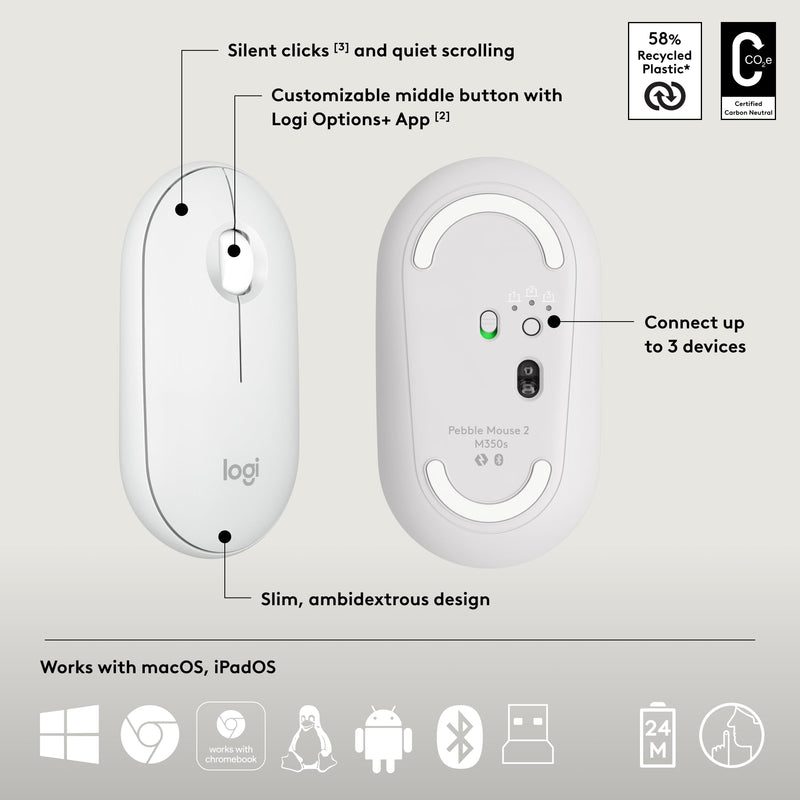 Logitech Pebble 2 Combo, Wireless Keyboard and Mouse, Quiet and Portable, Customizable, Logi Bolt, Bluetooth, Easy-Switch for Windows, macOS, iPadOS, Chrome - Tonal White