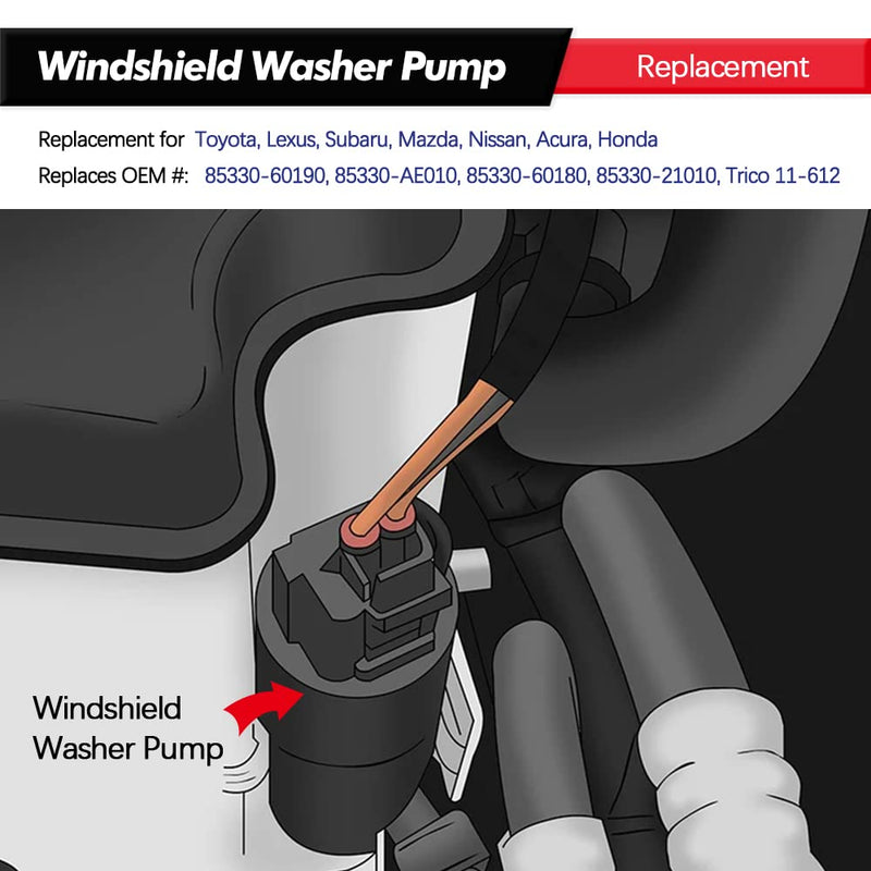 Windshield Washer Pump w/Grommet Replacement for Toyota, Lexus, Subaru, Mazda, Nissan, Acura, Honda Replaces OEM 85330-60190, 85330-AE010, 85330-60180, 85330-21010