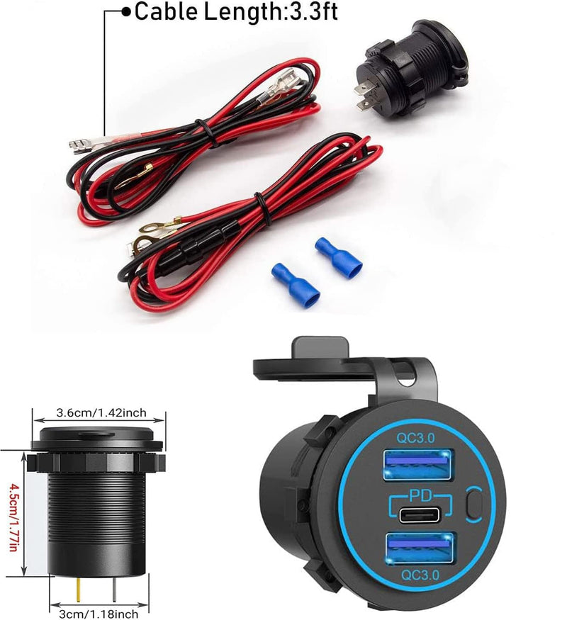 12v usb charger, PD 20W USB-C Power Socket and 18W QC3.0 Socket Waterproof Power Outlet 12V/24V with Power Switch 12V USB C Outlet for Car Golf Cart Boat Marine Bus Truck RV Marine Motorcycle etc.
