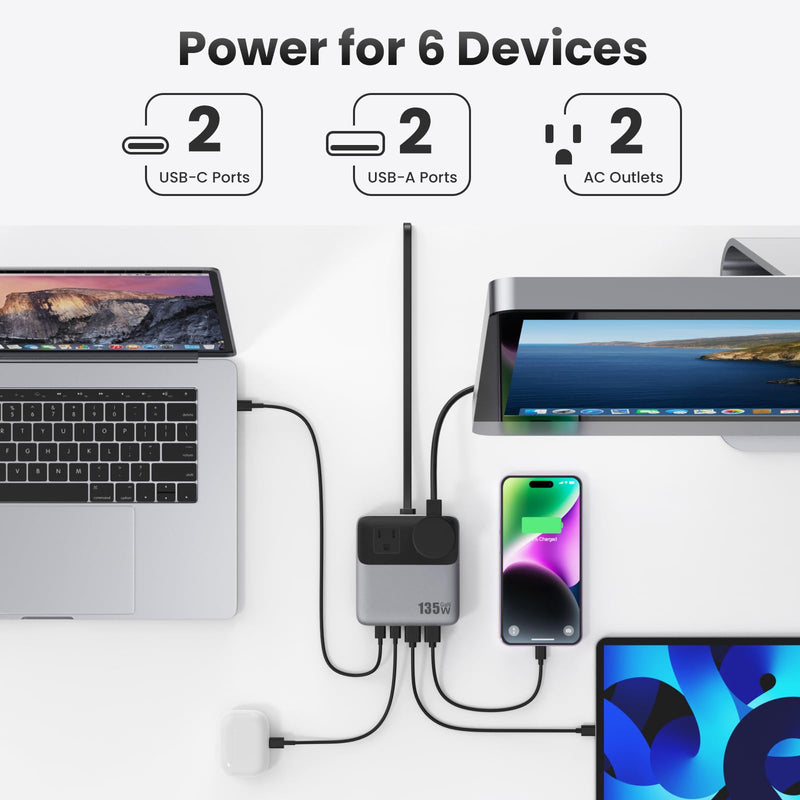 USB C Charger Block,135W GaN IV Fast Charging Station Hub,6-in-1 USB C Power Strip with Flat Plug and 5ft Cord,2 AC,2 USB A,2 USB C,PD 65W Laptop Charger for MacBook Air/Pro,iPhone16/15,Galaxy S24 etc Black