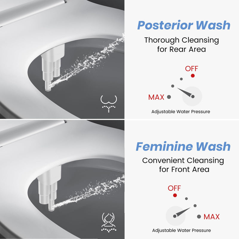 Bidet Attachment for Existing Toilet Seats, Ultra-Slim, Non Electric, Dual Nozzle, Rear & Feminine Wash, Fresh Cold Water Sprayer, Badays Bedets Bedits Badette Bidgets, Silver