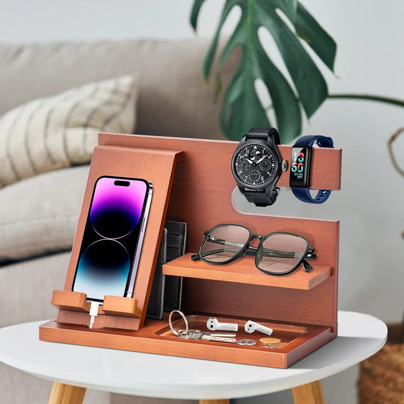 Wood Phone Docking Station - Gifts for Men Desk or Nightstand Organizer - Birthday Gifts for Husband, Fathers Day for Dad - Anniversary Idea from Wife - Key Holder, Stand Wallet, Watch & Essentials Wood