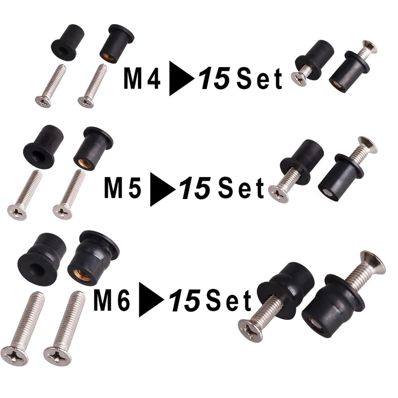 WEDAMER 45 Pairs M4 M5 M6 Neoprene Well Nuts with Stainless Steel Screw M5 Rubber Well Nuts Kayak Brass Copper Bolts Well Nut Kit for Kayak Motorcycle Boat Marine Windscreen Accessories (M4 M5 M6) M4 M5 M6 each 15 Pairs