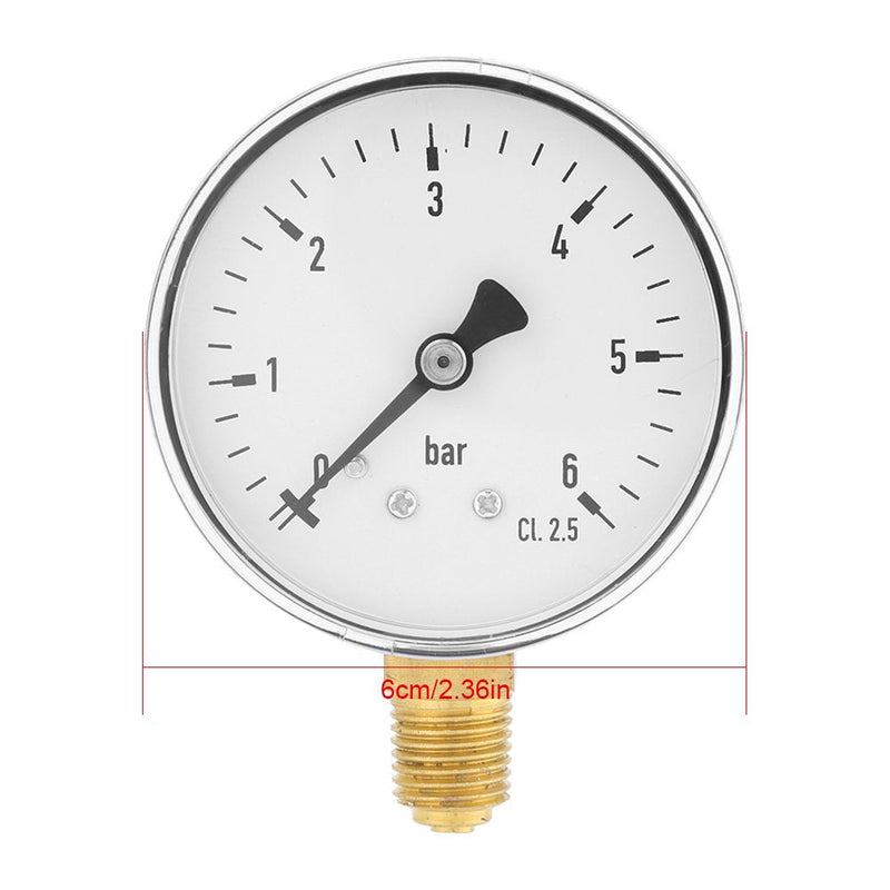 Mini pressure gauge for air, oil or water, 60mm pressure display with 1/4 inch NPT thread connection, 0-6 bar display range