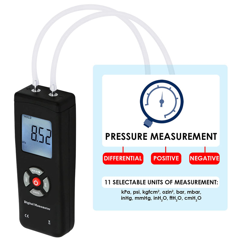 Professional Digital Pressure Gauge, Portable Handheld Air Vacuum/Gas Pressure Gauge 11 Units with Backlight, ±13.78kPa ±2PSI, Suitable for Differential Pressure of 1-2 Pipes, Ventilation, etc 11 Units of Measurement
