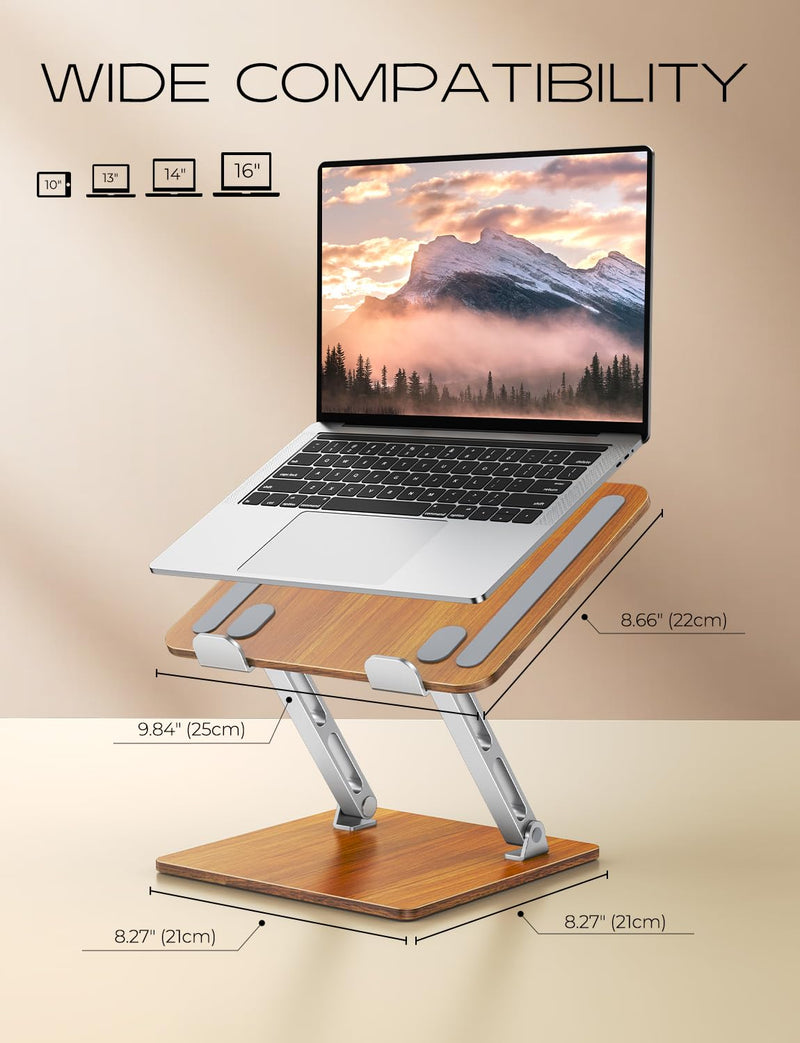 Ergonomic Laptop Stand, Wood & Aluminum Computer Stand with Adjustable Angle, Foldable Dual-Bar Laptop Riser Holder Stand for Desk, Compatible with MacBook, Dell, HP 10-16" (Royal Teak Grain)