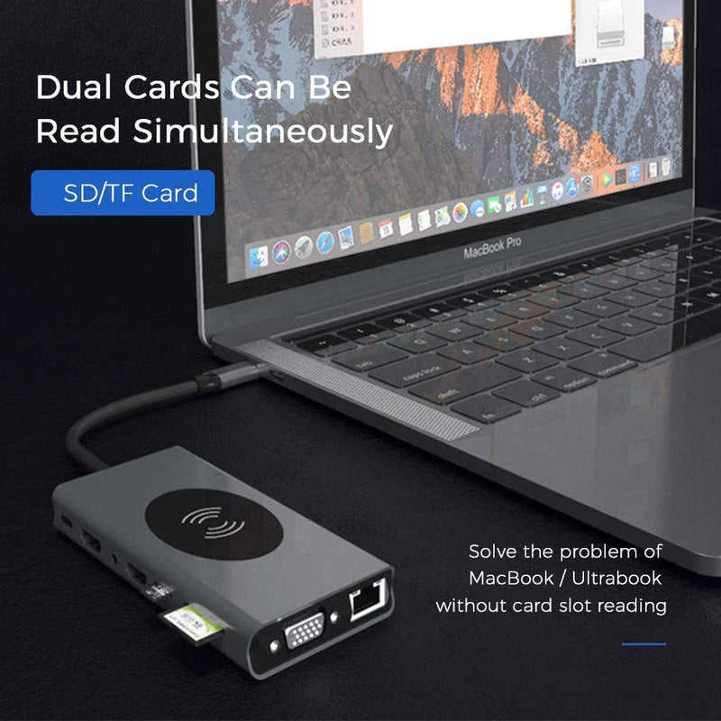 USB C Hub Laptop Docking Station + Wireless Charger 14-in-1, Card Reader, HDMI
