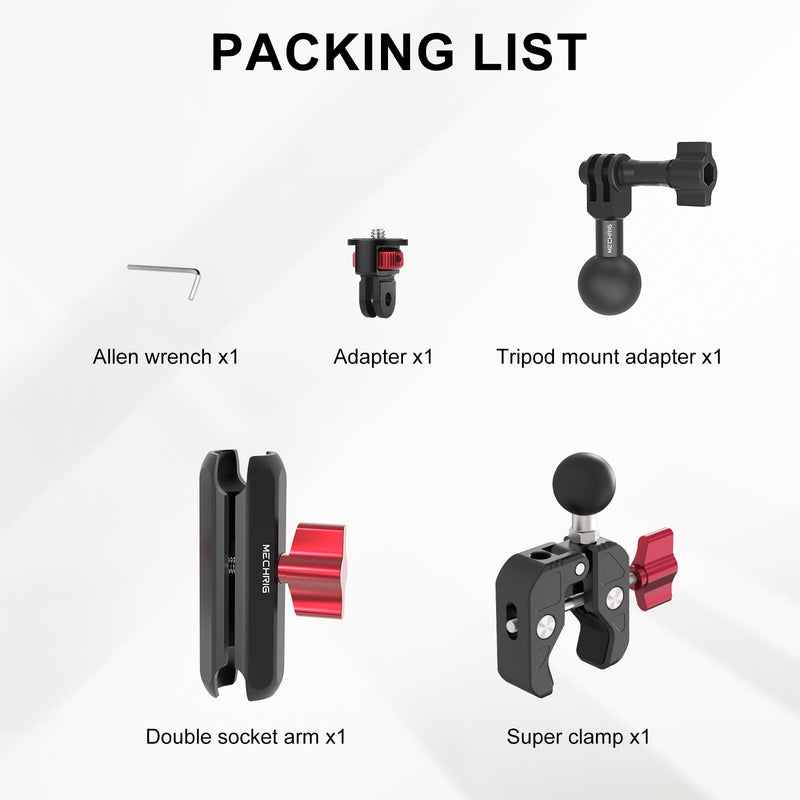 Camera Mount Super Clamp, Double Ballhead Magic Arm Clamp for GoPrO/Pocket 3 /lnsta360 X3 X4 /DSLR/Monitor/LED Light/Flash/Microphone,360°Rotating & 1/4”Screw & CNC Ebike Handlebar Clip Kit, JC008 JC008 Clamp Kit