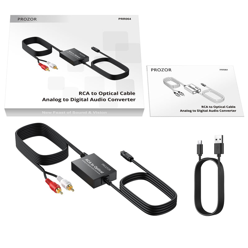 PROZOR Analog to Digital Audio Converter, RCA to Optical Audio Converter, with Built-in RCA to Optical Cable, Analogue Signals into Digital Audio, for Turntable/CD/DVD to Soundbar (Not Reversible)