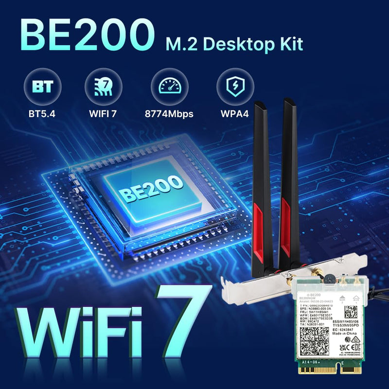 WiFi 7 Card for Desktop PC, BE200 Tri-Band 6GHz up to 8774Mbps, BT 5.4, Includes 10DBi High-Gain Gaming Antennas, for Intel Motherboards Windows 10/11 (No AMD Support)