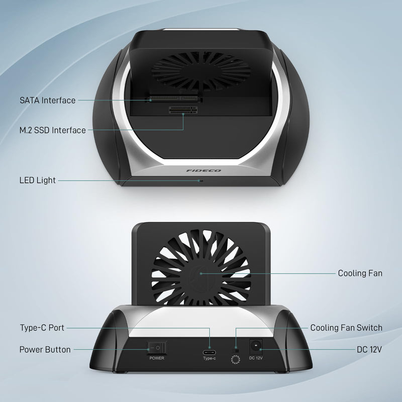 FIDECO Hard Drive Docking Station, M.2 NVME SSD Docking Station with Cooling Fan, Support 2.5 and 3.5 inch SATA HDD SSD, and M.2 NVME SATA SSD, Ultimate Heat Dissipation Black & Silver