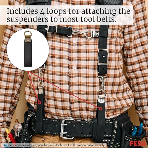 FESA Leather Tool Belt Suspenders for Men with Breathable Mesh Padding, Front Pockets & 4 Loops for Attachment to Work Belts Black