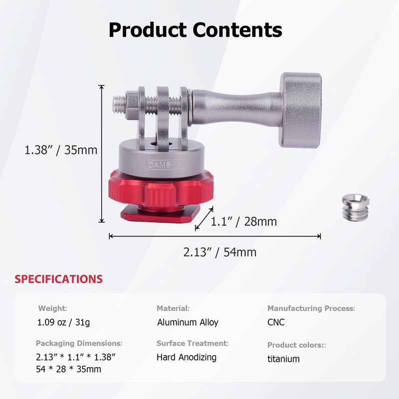 Came-TV Hot Shoe to 1/4"-3/8" Thread Adapter Converter – CNC Aluminum 90° Angle Adjustable Mount for Action Cameras, Tripods & Drone Accessories (61027)