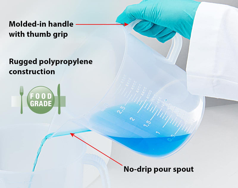 Globe Scientific 601159-1 Polypropylene Short Form Beaker with Handle, Molded Graduations, 3000mL Capacity, Each 1