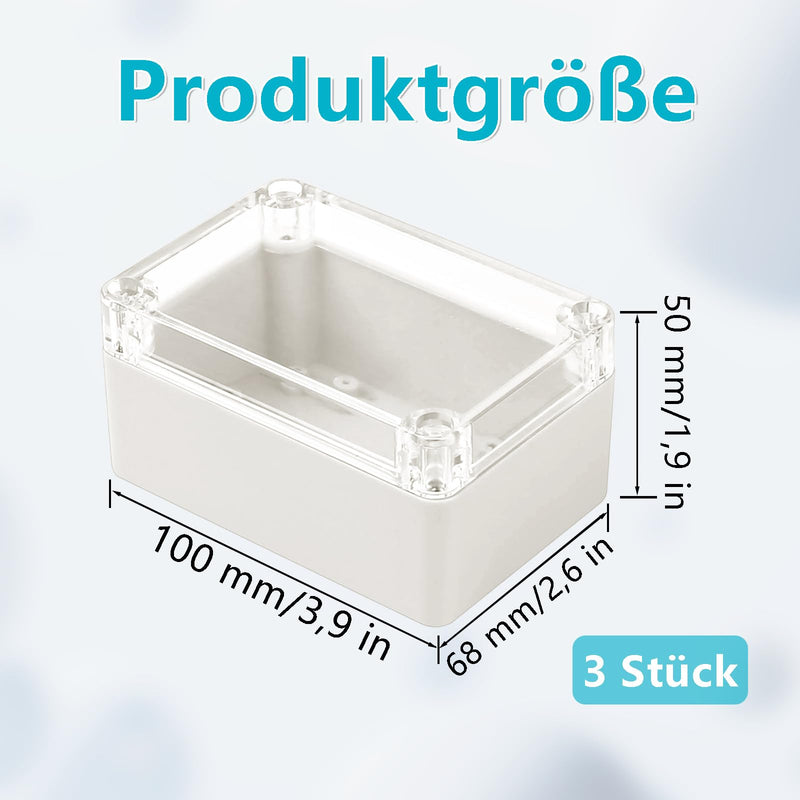 100 x 68 x 50 mm Waterproof IP65 Empty Enclosure, Pack of 3 Electronic Enclosure Box, Plastic Housing with Transparent Cover, Universal Project Housing, Junction Box 100X68X50-3PACK