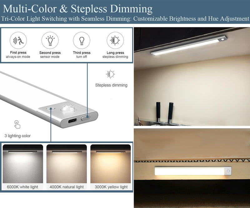 TECHNOVA Wireless Under Cabinet Lighting with Motion Sensor - 2-Pack Rechargeable LED Closet Lights for Kitchen, Bathroom, Bedroom