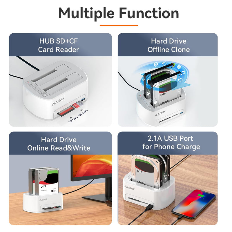 MAIWO SATA to USB 3.0 Dual-Bay Hard Drive Docking Station with Offline Clone for 2.5 & 3.5-inch HDD/SSD, Hard Drive Dock with CF/SD Card Reader, Support 2*24TB, White