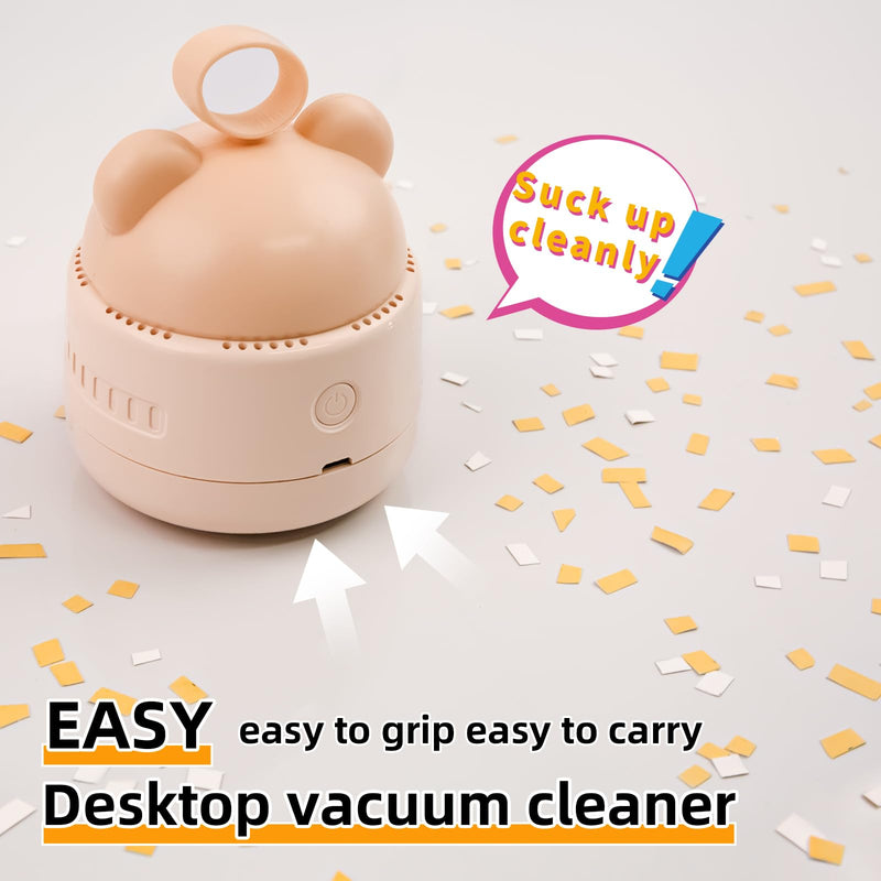 Zmol Mini Desktop Vacuum Cleaner with USB Charging, Cleaning Brush, Bear Head Ring for Easy Grip, 360° Swivel Portable Vacuum Cleaner for Keyboards Office Desks and Other Dusty Debris Beige
