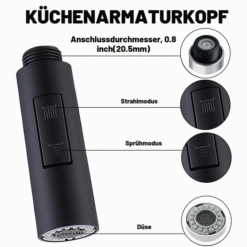 Extendable Kitchen Tap Shower Head Replacement Black 2-Way Function | Sparkling water mode and shower water mode with universal fit for all pull-out taps. Easy installation