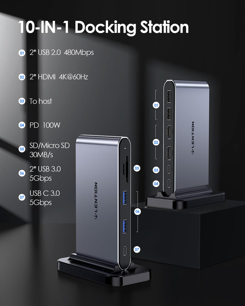 LENTION 10-in-1 Detachable USB C Laptop Docking Station with Dual 4K@60Hz HDMI, PD Charging, USB C, USB-A, SD/Micro Card Readers, 3.3ft Host Cable for Mac, MacBook, Windows use (D62 10-in-1(3.3ft cable+Vertical+Detachable)
