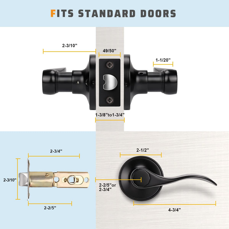KNOBWELL 1 Pack Matte Black Finish Keyless Interior Door Handle, Classic Passage Door Lever for Hallway Closet, Non-Locking Wave Style Doorknobs with Universal Handle