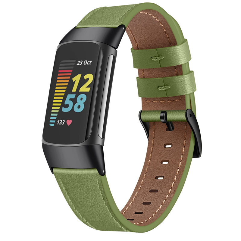 Fintie Bands Compatible with Fitbit Charge 6/5, Genuine Leather Band Replacement Accessories Strap Wristband Green