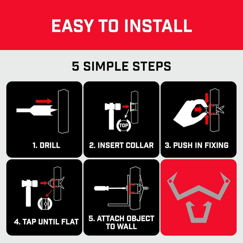 Bullfix Extra Drywall Anchors 24 Pack - Holds 293lbs, Patented Wing Design, Heavy Duty Anchors for Stud Walls, Flat & Tilt TV Mounts, AC Units, Kitchen Cabinets, Mirrors with Drill Bit Kit