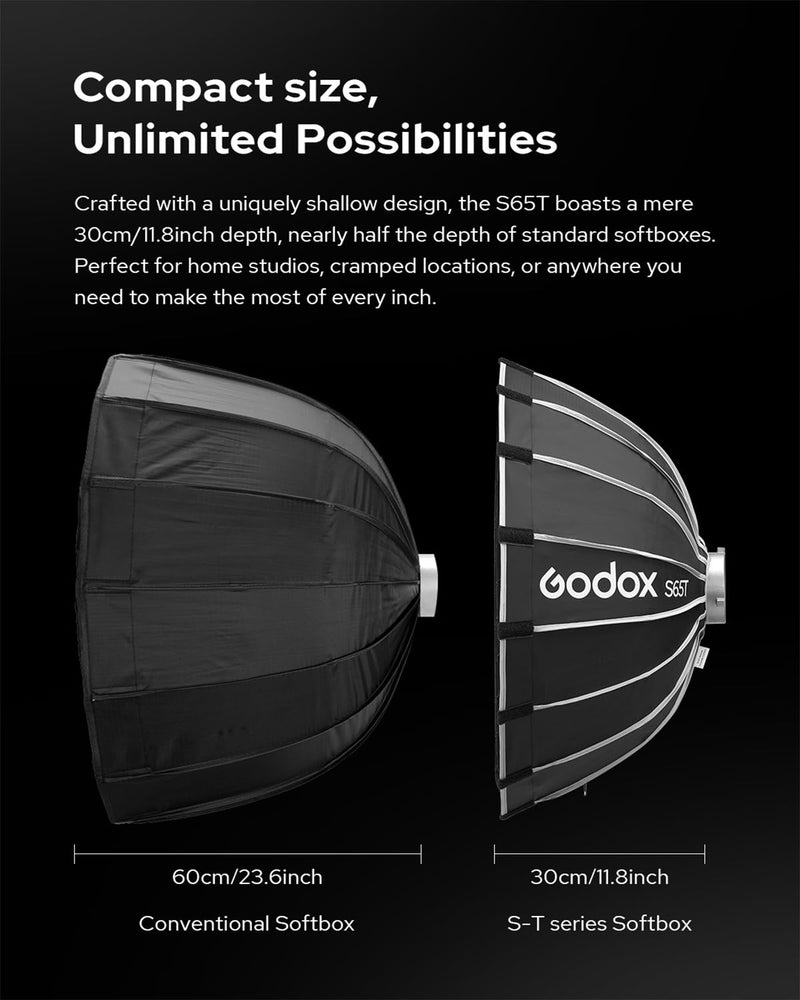 Godox Softbox S65T+Grid Bowens Mount 25.6in/65cm Quick Release Umbrella Softbox with Grid Bowens Mount - Portable Versatile Precise Control - Ideal for Studio Photography Live Streaming and Travel 25.6"