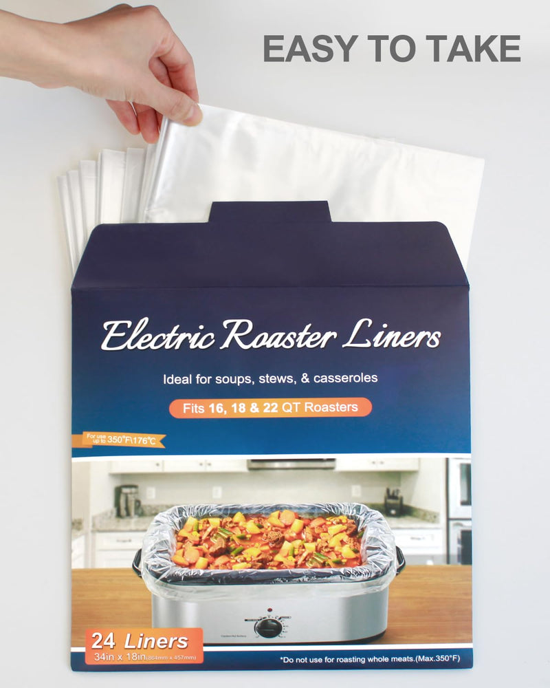 Electric Roaster Liners 24 Count, Disposable Plastic Cooking Bags for 16, 18, 22 Quart Roasters, Size 18 x 34 Inches 24-Pack