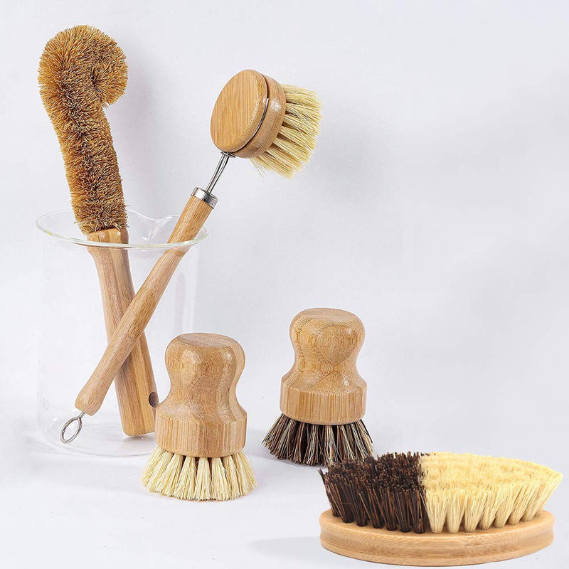5 Pack Natural Bamboo Cleaning Brush Set, Pot Dish Scrub Brush with Handle and Flannel Bag Kitchen Brushes for Cast Iron Pots, Pans, Vegetable and Kitchen Cleaning Type 2