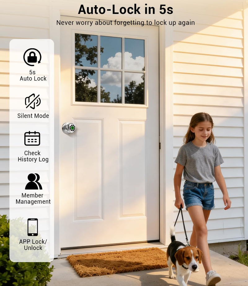 KLLOQUE Smart Fingerprint Door Lock with App Control & Key, Keyless Entry Door Knob, Electronic Keypad Door Knob,Door Locks for Bedroom,Garage,Home,Front Door, Office,Apartment-Bright Silver Bright Silver