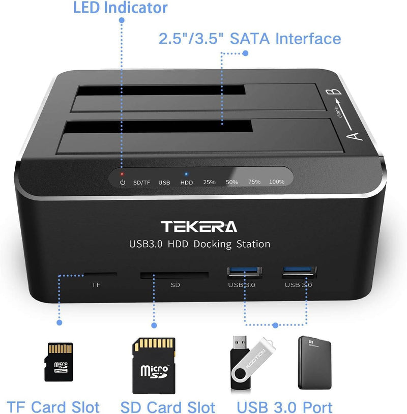 ikuai SATA to USB 3.0 Dual Bay Hard Drive Dock for 2.5" and 3.5" SATA HDD SSD with SD TF Card Reader 2 USB 3.0 Ports and Offline Clone Function External Hard Drive Docking Station (UASP Supported)