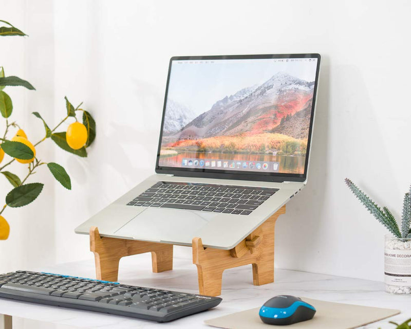 Laptop Stand Wood, Ergonomic Computer Notebook Riser Holder Foldable Compatible with 12-17inch MacBook Pro Air Mac DELL Acer, Laptop Elevator Cooling Stands for Desk (Bamboo) For 12-17inch