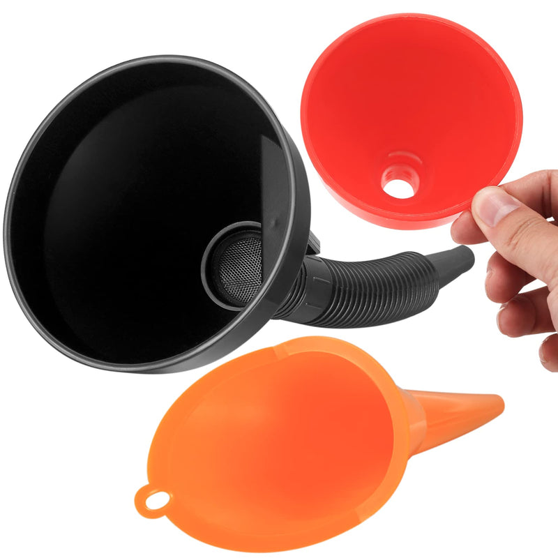 3 Pcs Automotive Funnels Set, Wide Mouth Fuel Funnels, Plastic Long Neck Oil Funnel, Flexible Right Angle Funnels, with Detachable Spout and Filter for Water/Gasoline/Coolant/Engine Oil