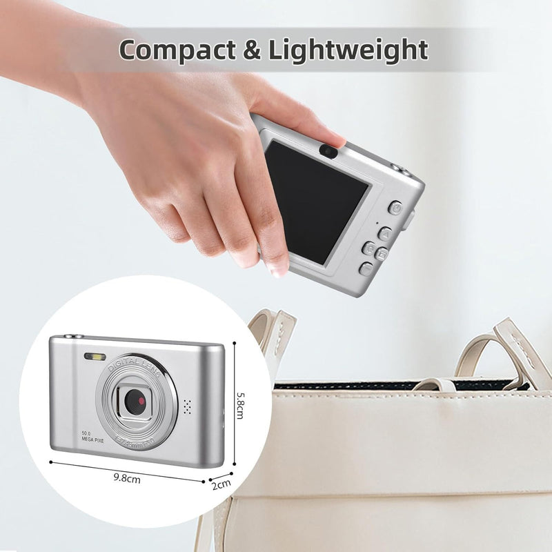 4K Digital Camera, FHD 1080P Kids Camera, 50MP Point and Shoot Camera with 16X Zoom Anti Shake, Compact Portable Small Camera for Girls Boys Teen Student with 32GB Micro SD Card, 1x Batteries Silver